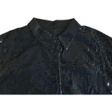 Solid Sequin Loose Turndown Neck Shirt Dress