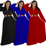 Black Plus Size Loose Long Sleeve Swing Skirt Set