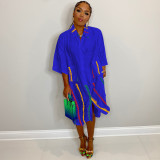 Woven Irregular Print Patchwork Mid Sleeve Shirt Dress with Pockets