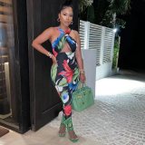 Multicolor Sexy Printed Hollow Straps Cross Jumpsuits