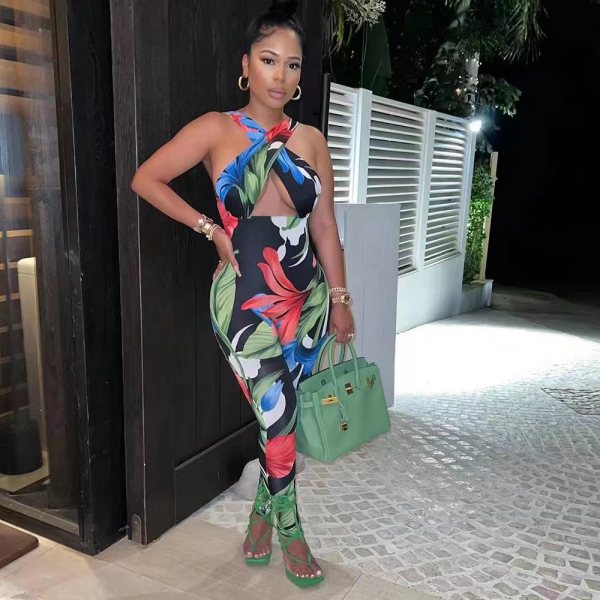 Multicolor Sexy Printed Hollow Straps Cross Jumpsuits