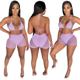 Summer Purple Beachwear Sexy Mesh Sequined Two Piece Short Set