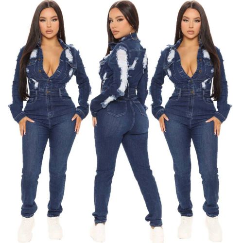 Fashion Casual Turndown Neck Long Sleeve Denim Ripped Jumpsuit