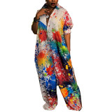 Plus Size Splash Ink Printed Loose Jumpsuit