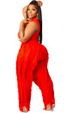 Solid Color Fringe Sleeveless Two Piece Pant Set