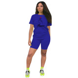 Mother's Day Heart Print Sports Shorts Set Two Piece - Royal Blue