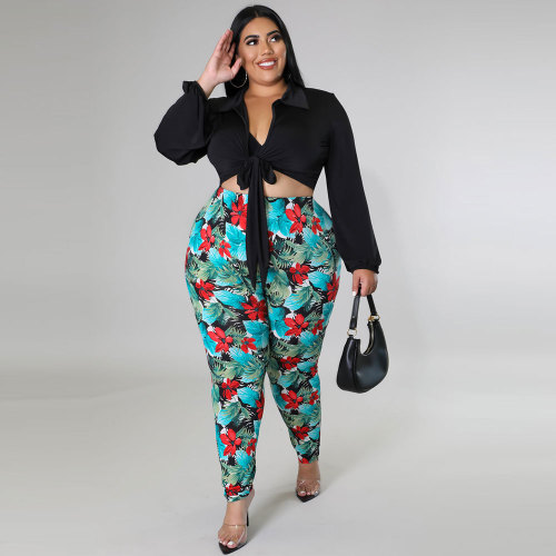 Plus Size Long Sleeve Bandage Shirt + Printed Pants 2 Piece Sets