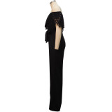 Women Slim Ruffle Off Shoulder Short Sleeve Solid Long Pants Jumpsuit with Belt