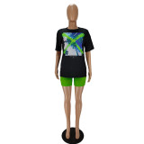 Casual Printed Short Sleeve Two Piece Shorts Sets