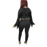 Solid Color Zipper Hooded Track Pants Set with Fringed