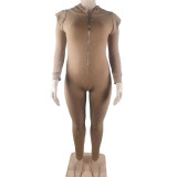 Khaki Winter Thicken Knitted Woolen Padded Shoulder Zipper Up Bodycon Long Sleeve Hoodie Jumpsuit