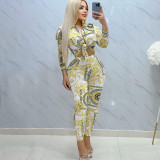 Sexy Turndown Neck Gold Black White Filigree Pattern Printed Bodycon 2 Piece Outfit