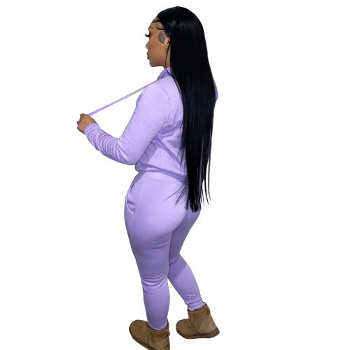 Autumn Winter Thick Drawstring Jogger Two Piece Purple Sweatpants and Hoodie Set