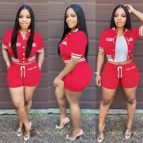Casual Red Embroidered Letter Pocket Baseball Jersey set Single-breasted Tracksuit Shorts Two Pieces
