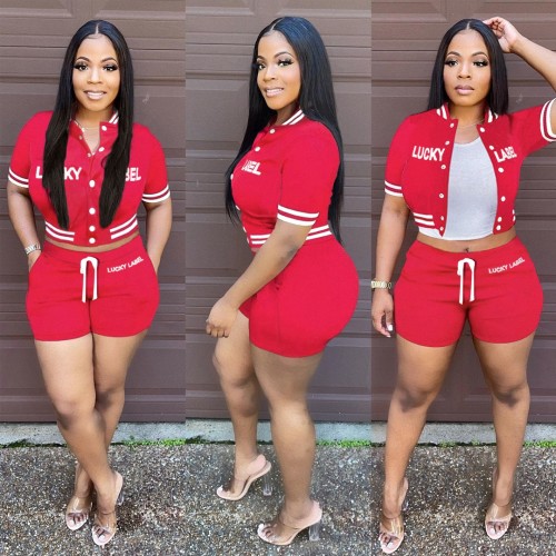 Casual Red Embroidered Letter Pocket Baseball Jersey set Single-breasted Tracksuit Shorts Two Pieces