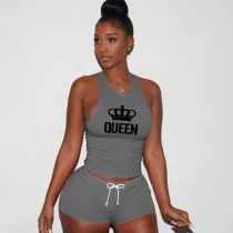 Casual Dark Grey Queen Print Sleeveless Sports Vest and Shorts Set