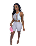 Contrast Stitching Hollow Lace-up Two Piece Short Pant Set
