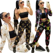 Casual Zipper Printed Sports Sweatshirt Two Piece Outfits