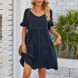 Summer Casual V Neck Three Layer Pleated Dresses
