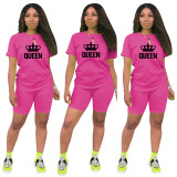Summer Casual Rose Knit Print Sports Shorts Set Two Piece