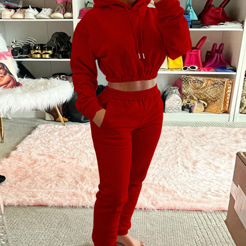 Red Velvet Thicken Sports Hoodie Jogging Pants Two Piece Winter Set For Women