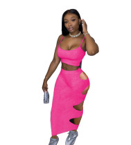 Solid Color Straps Crop Top and Holes Long Skirt