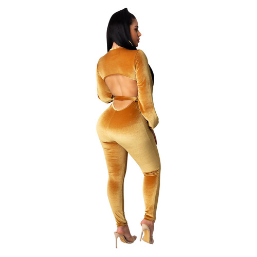 Solid Color V Neck Velvet Jumpsuit (with belt)