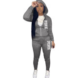 Casual Zip Up Printed Hoodie Sweatshirt & Drawstring Pants Set