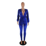 Solid Color V Neck Velvet Jumpsuit (with belt)