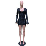Autumn Winter V Neck Flared Sleeve Drawstring Sexy Dress with Zipper