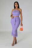 Casual Tassel Fishnet Knit Casual Halter Two Piece Set