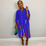 Woven Irregular Print Patchwork Mid Sleeve Shirt Dress with Pockets