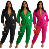 Classic Solid Offset Printed Long Sleeve Cargo Jumpsuit