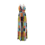 Sexy Printed V Neck Backless Cross Strap Maxi Swing Dress