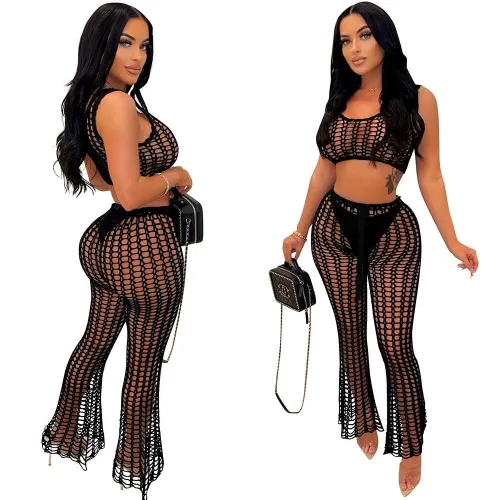 Black Summer Knit Rib Cut Out Beach Wear Cover Sexy Fishnet See Through Tank Crop Top + Pants