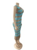 Women Summer Casual Striped V Neck Bodycon See Through Sexy Knit Rib Tassel Beach Dress
