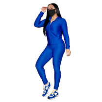 Blue Jacquard Pineapple Stand-up Collar Zipper Two Piece Women Clothing Sets without Mask