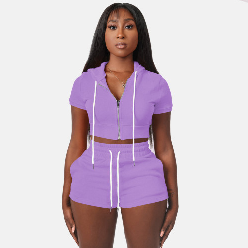 Solid Purple Zipper Cardigan Hooded Cropped Two-Piece Short Summer Set
