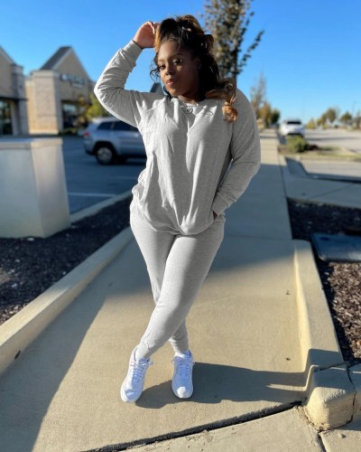 Casual Grey Cotton Pocket Tracksuit Pant Set Spring Autumn Women Sweatpants 2 Pieces