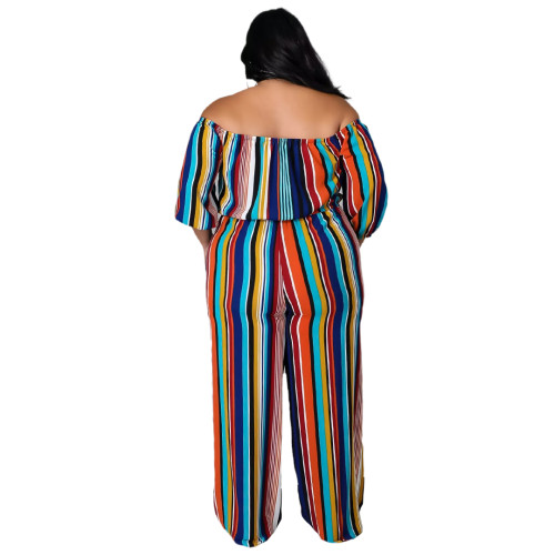 Sexy Colorful Striped Off Shoulder Jumpsuit with Wide Leg