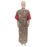 Spring Short Sleeves Leopard Patch Patchwork Plaid Slit Print Long Coat