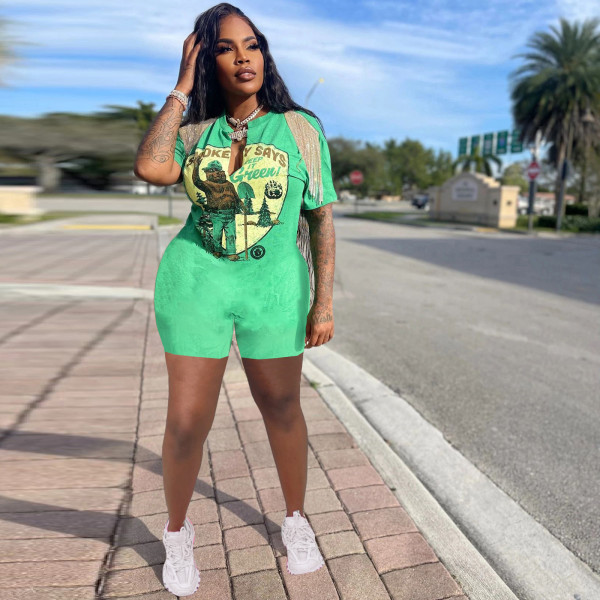 Green Casual Hip Hop Printed Split Fringe Short Sleeve T-Shirt Rompers