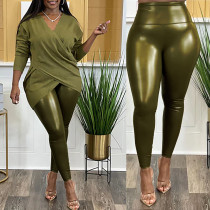 Solid Color High Waist High Elastic Leather Pencil Pants