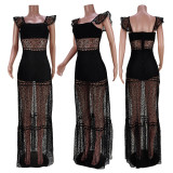 Zip Up Mesh Contrast See Through Straps Ruffle Hem Dress