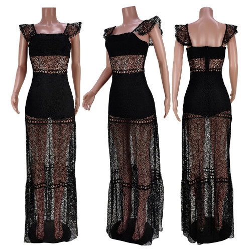 Zip Up Mesh Contrast See Through Straps Ruffle Hem Dress