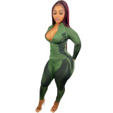 2Pcs Women Outfits Splicing Color Zip-Up Tops + High-Waist Slim Pants