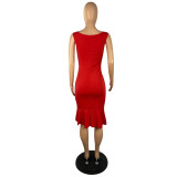 Red Women Summer 2022 Fashion Trend Sexy V-neck Solid Sleeveless Pleated Button Dress