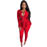 Solid Color Ruffled Sleeve Long Sleeve Zipper Tops and Trousers Set