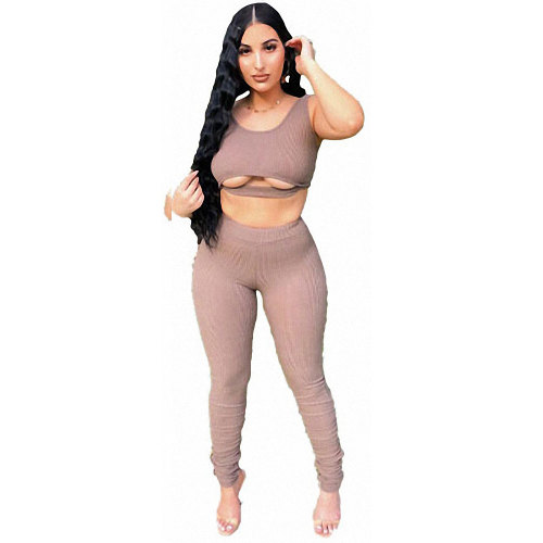 Summer Champagne Sleeveless Cutout Crop Vest and Long Pants 2 Pieces