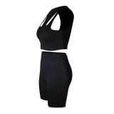 Black Solid Color Thread Pit Stitching Irregular Sports Shorts Set